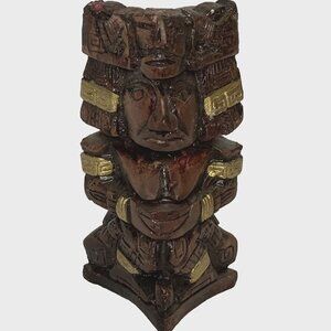Vintage Mid Century Brown Gold Tone Mexican Mayan Inca Aztec Figure SculptureGod